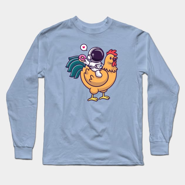 Cute Astronaut Riding Chicken And Holding Donut Cartoon Long Sleeve T-Shirt by Catalyst Labs